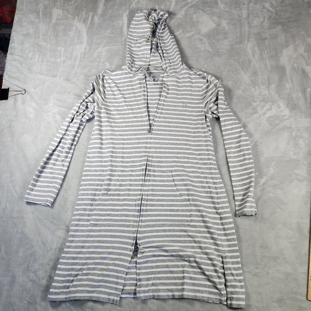 Coolibar Cabana Hoodie Sz S Grey/White Stripe Zip UPF 50+ Beach Cover-Up